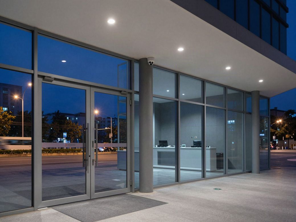 Glass office lobby entrance at night with a ceiling security camera and motion sensor