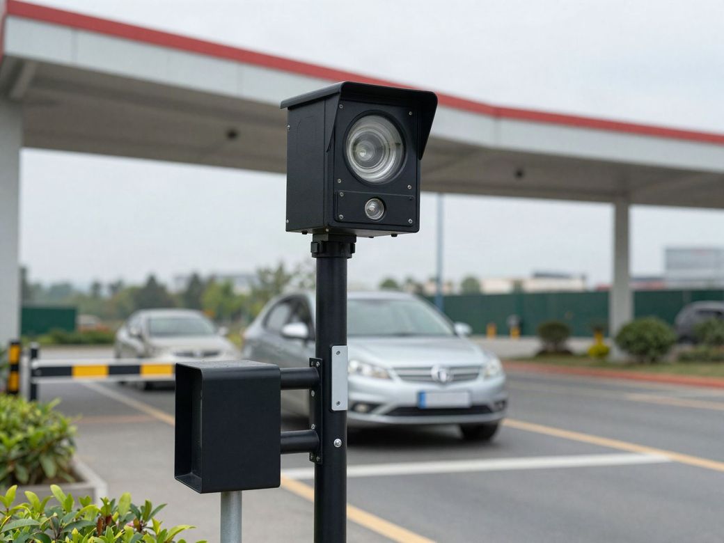 License plate recognition camera on a pole at a parking lot gate arm as a car approaches