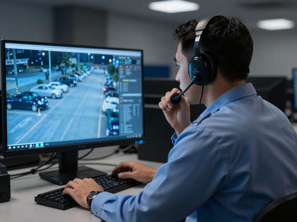 Remote guarding operator in a headset speaking while watching a night parking lot camera feed