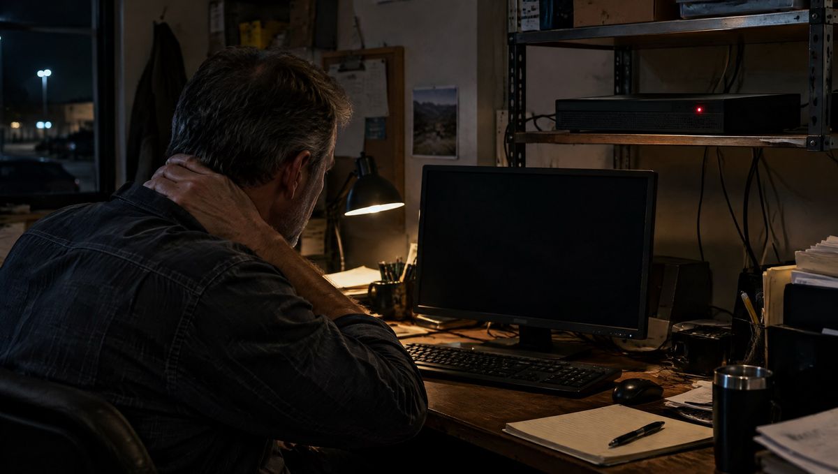 Business owner at night looking at a dark security monitor while the recorder shows a red warning light