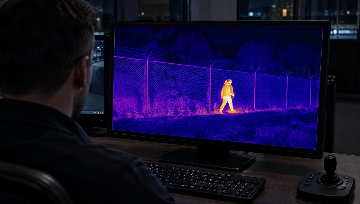 Control room monitor showing a thermal camera view of a person walking along a perimeter fence at night