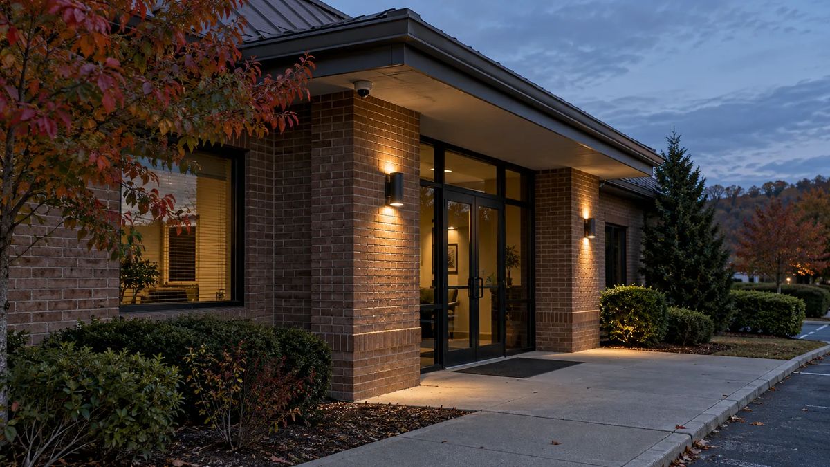 Commercial entrance at dusk with wall lighting and an eave-mounted security camera