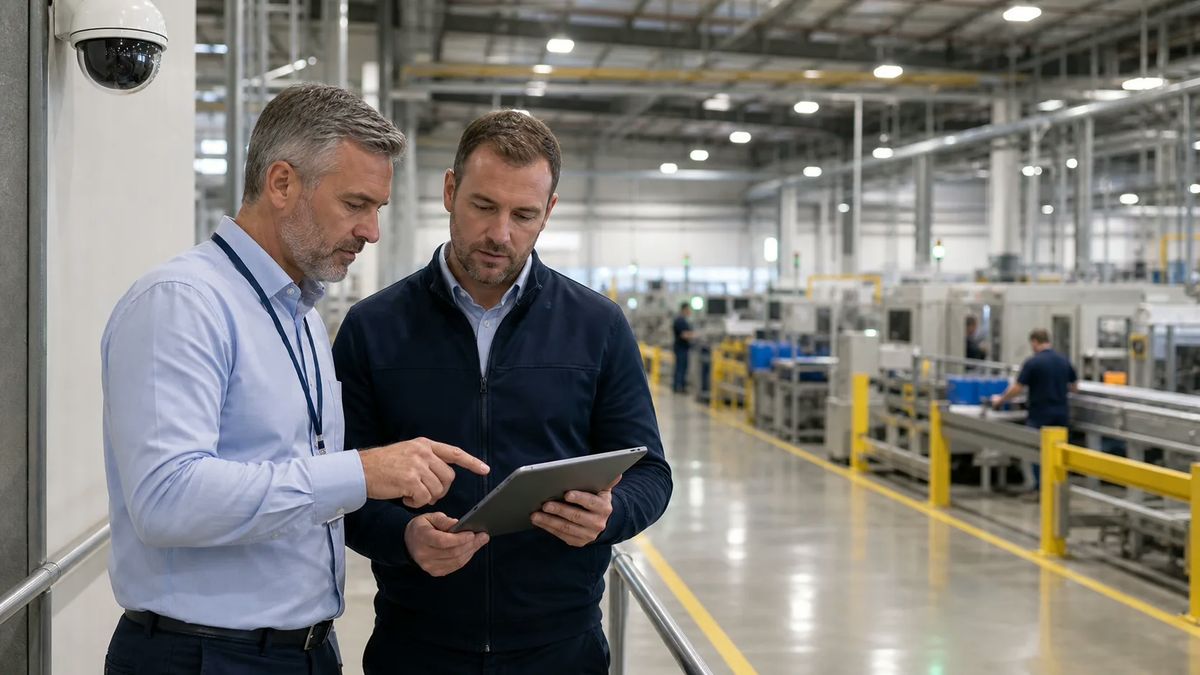 Manufacturing manager reviewing security camera coverage beside an active production area