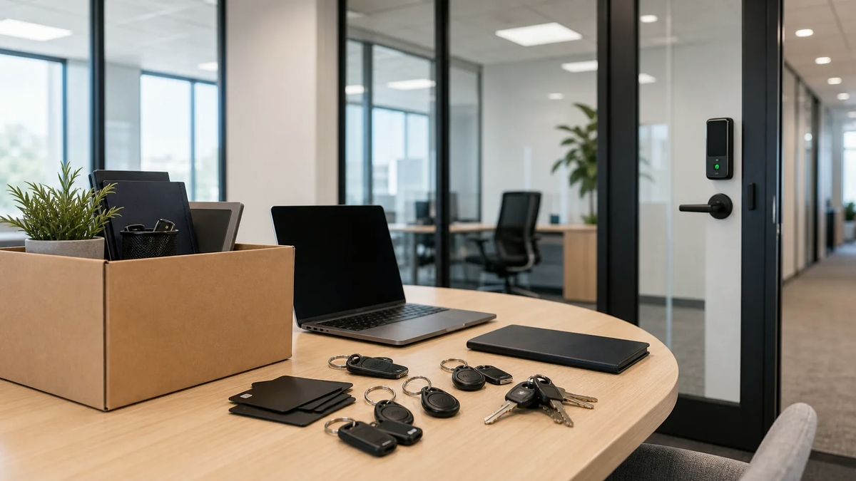 Office access cleanup scene with keys, fobs, blank laptop, moving box, and glass office door with access reader