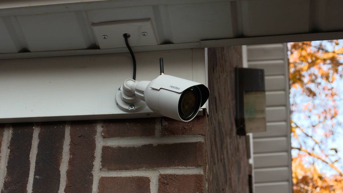Outdoor commercial security camera mounted on a building wall