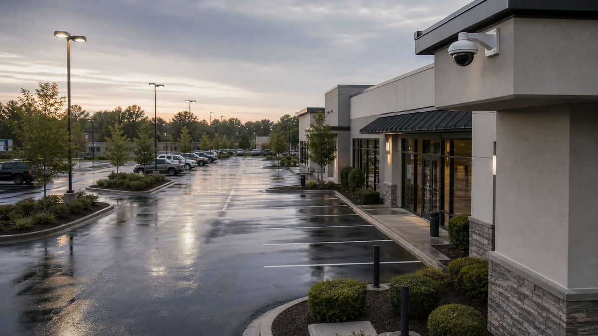 Commercial parking lot with exterior camera coverage, lighting poles, and building entrance after light rain