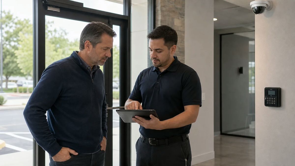 Business owner and security technician reviewing an alarm event near a commercial entrance