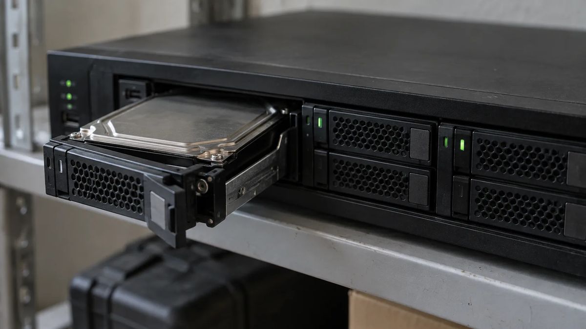 Partly withdrawn hard-drive tray in a network video recorder