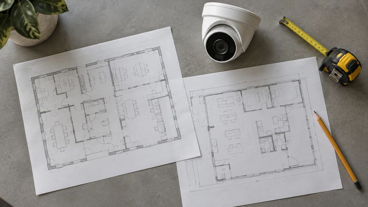Security camera and measuring tools beside two commercial floor plans on a desk