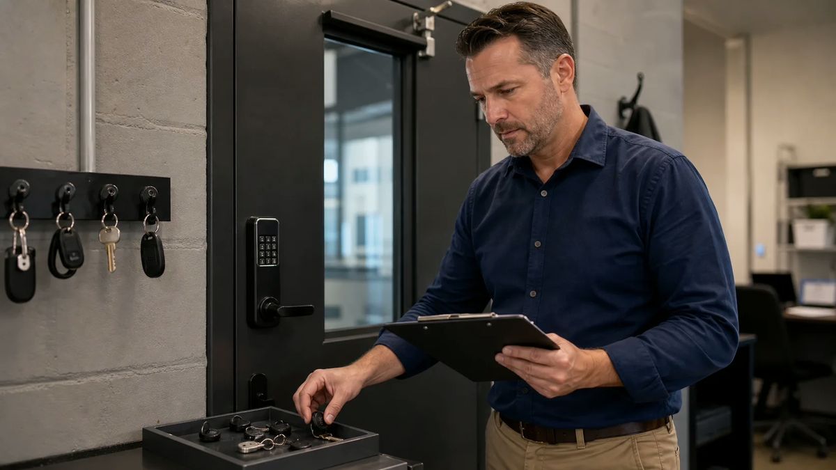 Operations manager reviewing keys, access fobs, and a keypad door lock in a commercial office