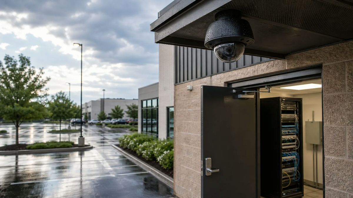 Commercial building after summer rain with exterior camera, wet pavement, and protected network equipment area