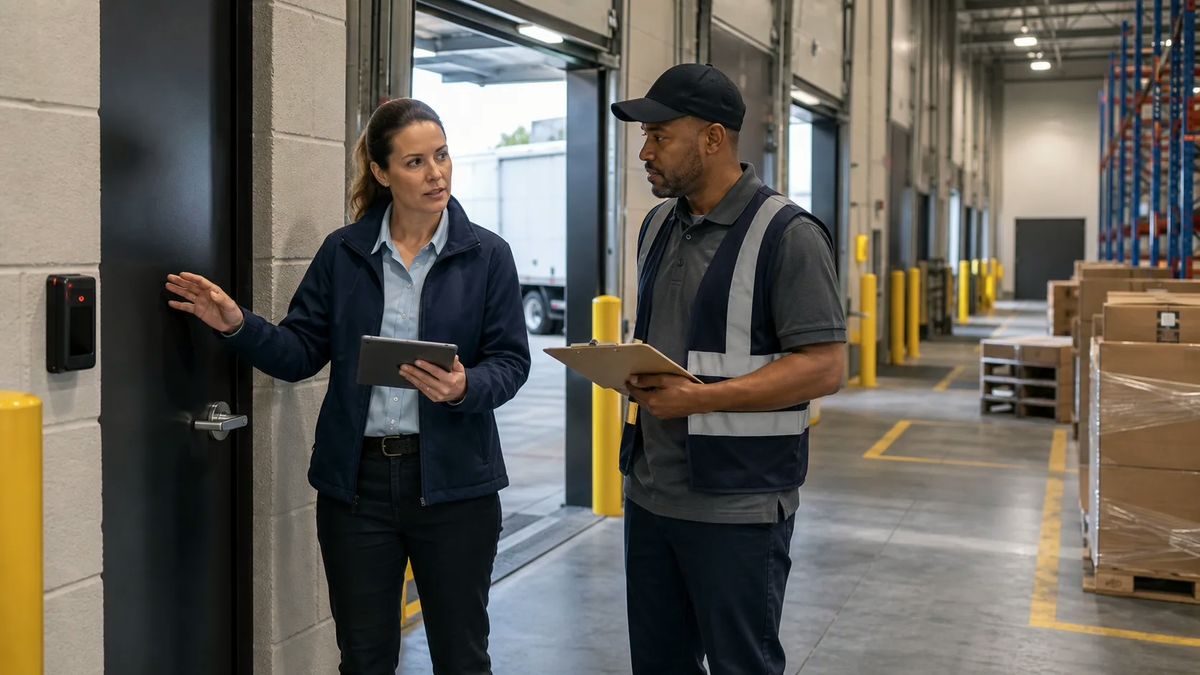Warehouse manager and security technician reviewing access control near a delivery bay